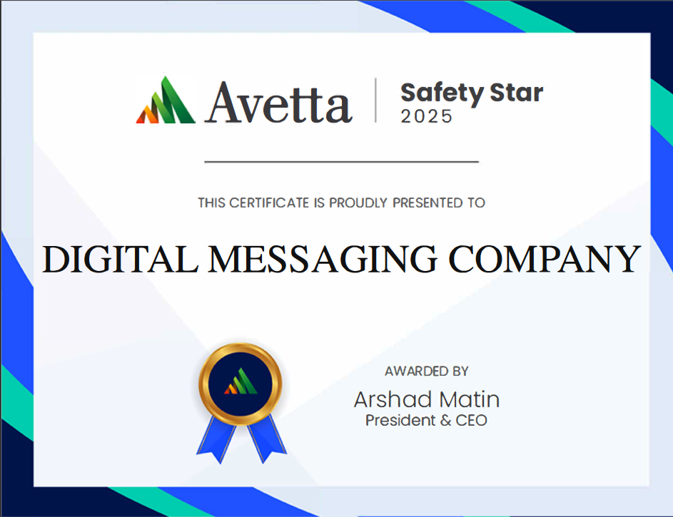 Digital Messaging Company awarded Avetta Safety Star 2025 certificate for perfect safety performance